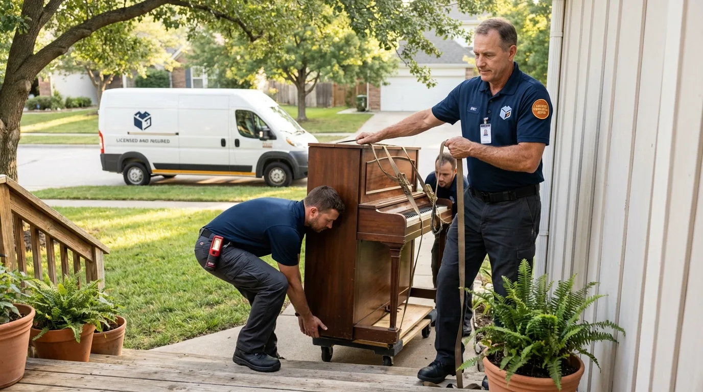 Licensed piano movers securing grand piano in Glenwood, AR