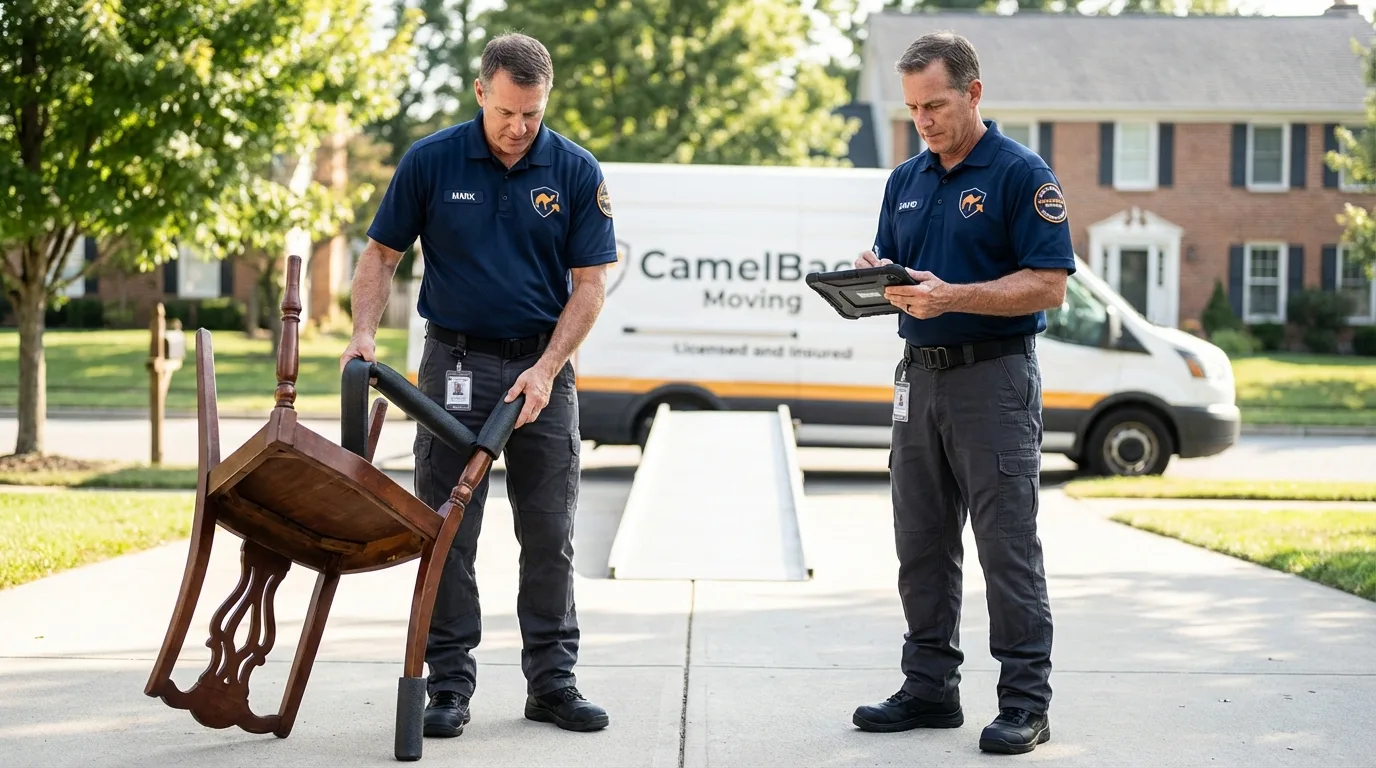 Movers inspecting furniture for damage prevention before loading in Glenwood, AR