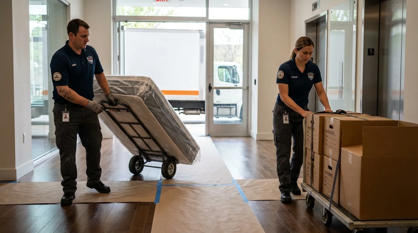 Professional apartment movers loading elevator in Glenwood, AR
